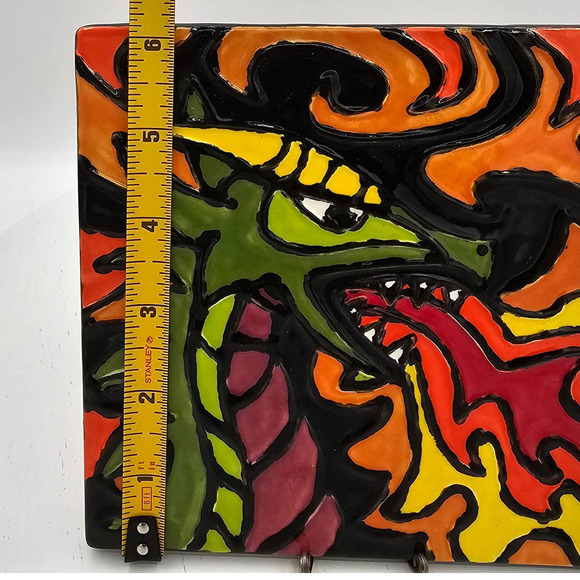 Studio Pottery Hand Painted Fire Eating Green Dragon Ceramic Tile Art 6-3/8 2022 - Picture 6 of 6